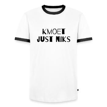Kmoet just niks, Antwerps dialect Shirts - T-shirt contrasté Homme - blanc/noir - Devant - AI Model Female 172 light (172cm) & AI Model Male 178 dark (178cm)