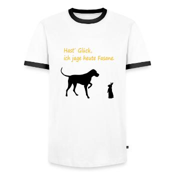 hund_jagt_fasane_neu_cb - Männer Kontrast-T-Shirt - Weiß/Schwarz - Vorne - AI Model Female 172 light (172cm) & AI Model Male 178 dark (178cm)