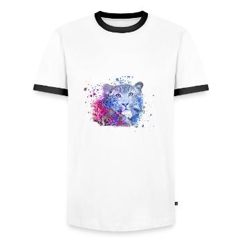 leopard, cat, wildcat, graffiti, painting,blue - Men's Ringer Shirt - white/black - Front - AI Model Female 172 light (172cm) & AI Model Male 178 dark (178cm)