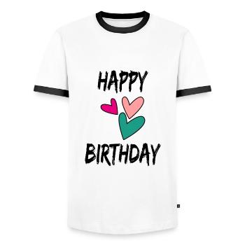 HAPPY BIRTHDAY. HAPPY BIRTHDAY. BIRTHDAY. - Men's Ringer Shirt - white/black - Front - AI Model Female 172 light (172cm) & AI Model Male 178 dark (178cm)