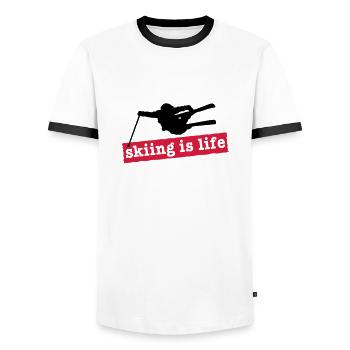 skiing is life i 2c - Männer Kontrast-T-Shirt - Weiß/Schwarz - Vorne - AI Model Female 172 light (172cm) & AI Model Male 178 dark (178cm)