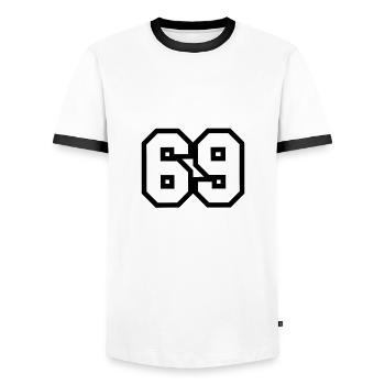 69 Zahl - Männer Kontrast-T-Shirt - Weiß/Schwarz - Vorne - AI Model Female 172 light (172cm) & AI Model Male 178 dark (178cm)