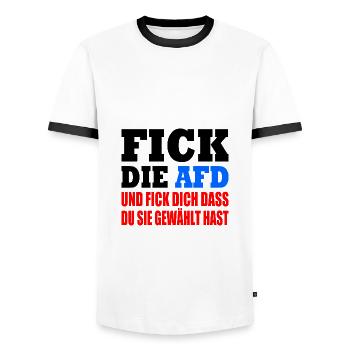 Fuck the AfD - Men's Ringer Shirt - white/black - Front - AI Model Female 172 light (172cm) & AI Model Male 178 dark (178cm)