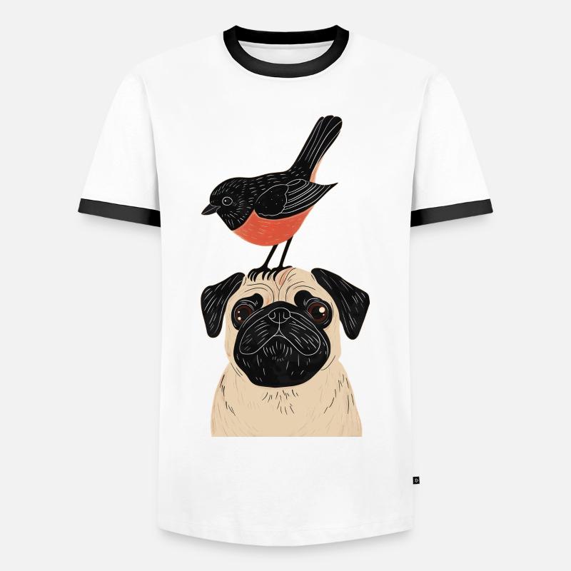 Mops mit Vogel - Männer Kontrast-T-Shirt - Weiß/Schwarz