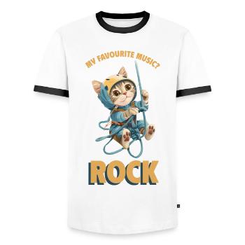 My favourite music? Rock Klettern Süße Katze - Männer Kontrast-T-Shirt - Weiß/Schwarz - Vorne - AI Model Female 172 light (172cm) & AI Model Male 178 dark (178cm)
