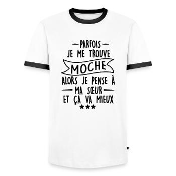 parfois je me trouve moche alors je pense à sœur - T-shirt contrasté Homme - blanc/noir - Devant - AI Model Female 172 light (172cm) & AI Model Male 178 dark (178cm)