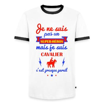 Pas super héros cavalier, fête des pères, cheval - T-shirt contrasté Homme - blanc/noir - Devant - AI Model Female 172 light (172cm) & AI Model Male 178 dark (178cm)