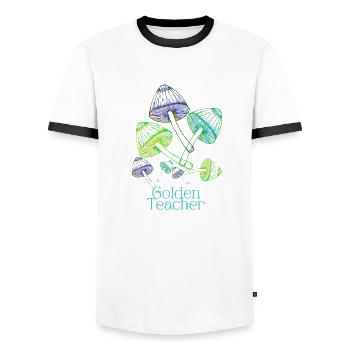 Golden Teacher Magic Mushrooms - Männer Kontrast-T-Shirt - Weiß/Schwarz - Vorne - AI Model Female 172 light (172cm) & AI Model Male 178 dark (178cm)