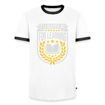 beautiful day for learning - Men's Ringer Shirt - white/black - Front - AI Model Female 172 light (172cm) & AI Model Male 178 dark (178cm)