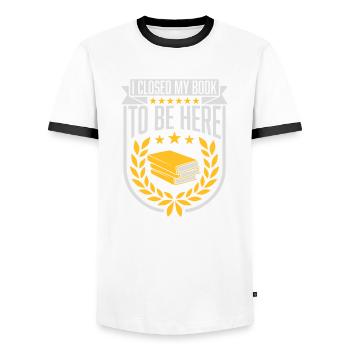 I closed my book - Männer Kontrast-T-Shirt - Weiß/Schwarz - Vorne - AI Model Female 172 light (172cm) & AI Model Male 178 dark (178cm)