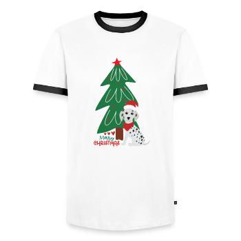 Pfotschafter Weihnachten - Hund und Weihnachtsbaum - Männer Kontrast-T-Shirt - Weiß/Schwarz - Vorne - AI Model Female 172 light (172cm) & AI Model Male 178 dark (178cm)