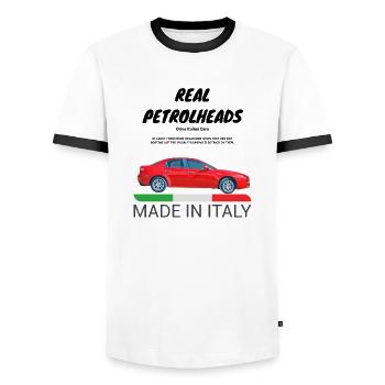 BENZINKÖPFE2 - Männer Kontrast-T-Shirt - Weiß/Schwarz - Vorne - AI Model Female 172 light (172cm) & AI Model Male 178 dark (178cm)