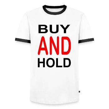 Trading de Bitcoin et d'actions cryptographiques - T-shirt contrasté Homme - blanc/noir - Devant - AI Model Female 172 light (172cm) & AI Model Male 178 dark (178cm)