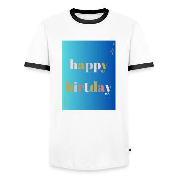 HAPPY BIRTHDAY. HAPPY BIRTHDAY. ANNIVERSARY. - Men's Ringer Shirt - white/black - Front - AI Model Female 172 light (172cm) & AI Model Male 178 dark (178cm)