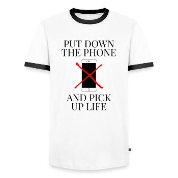 Put Down The Phone And Pick Up Life Handyverbot - Männer Kontrast-T-Shirt - Weiß/Schwarz - Vorne - AI Model Female 172 light (172cm) & AI Model Male 178 dark (178cm)
