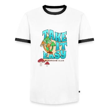 Take it Easy Mushroom Club - T-shirt contrasté Homme - blanc/noir - Devant - AI Model Female 172 light (172cm) & AI Model Male 178 dark (178cm)