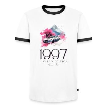 Tokio 1997 - Männer Kontrast-T-Shirt - Weiß/Schwarz - Vorne - AI Model Female 172 light (172cm) & AI Model Male 178 dark (178cm)