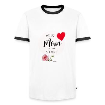 Best Mom at the Store - Men's Ringer Shirt - white/black - Front - AI Model Female 172 light (172cm) & AI Model Male 178 dark (178cm)