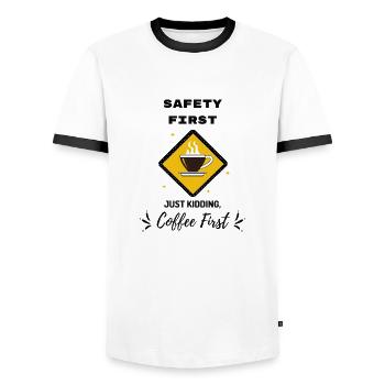 Safety First Coffee First - Men's Ringer Shirt - white/black - Front - AI Model Female 172 light (172cm) & AI Model Male 178 dark (178cm)