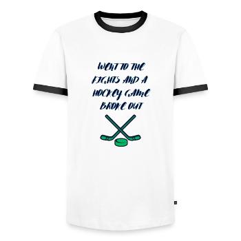 Ging zu den Kämpfen und ein Eishockeyspiel brach aus - Männer Kontrast-T-Shirt - Weiß/Schwarz - Vorne - AI Model Female 172 light (172cm) & AI Model Male 178 dark (178cm)