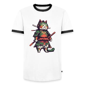 Samurai Katze - Männer Kontrast-T-Shirt - Weiß/Schwarz - Vorne - AI Model Female 172 light (172cm) & AI Model Male 178 dark (178cm)