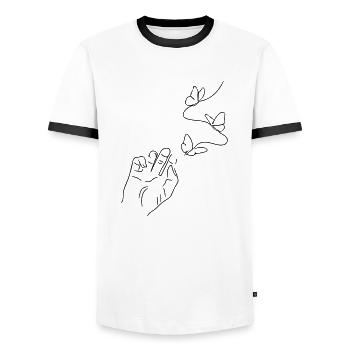 Papillon à la main Line Art - minimaliste - T-shirt contrasté Homme - blanc/noir - Devant - AI Model Female 172 light (172cm) & AI Model Male 178 dark (178cm)