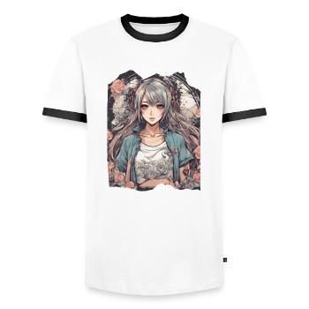 Serenity Blossom Anime Woman Manga Character - Men's Ringer Shirt - white/black - Front - AI Model Female 172 light (172cm) & AI Model Male 178 dark (178cm)