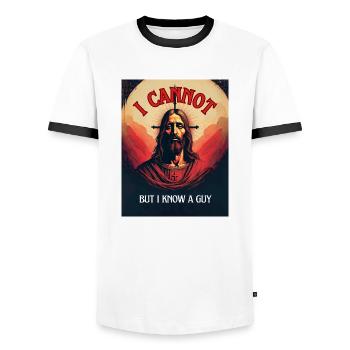 "I cannot but I know a Guy" religious humor, fun - Men's Ringer Shirt - white/black - Front - AI Model Female 172 light (172cm) & AI Model Male 178 dark (178cm)