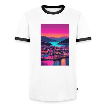 Colorful city on the mountain lake - Men's Ringer Shirt - white/black - Front - AI Model Female 172 light (172cm) & AI Model Male 178 dark (178cm)