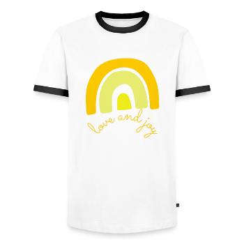 love and joy T-Shirt, gut gelaunt, Ibiza, Insel - Männer Kontrast-T-Shirt - Weiß/Schwarz - Vorne - AI Model Female 172 light (172cm) & AI Model Male 178 dark (178cm)