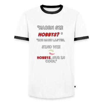 « Des vices plutôt que des passe-temps » - T-shirt contrasté Homme - blanc/noir - Devant - AI Model Female 172 light (172cm) & AI Model Male 178 dark (178cm)