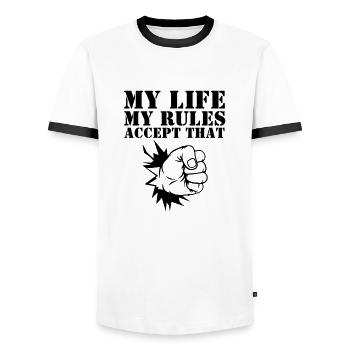MA VIE, MES RÈGLES - T-shirt contrasté Homme - blanc/noir - Devant - AI Model Female 172 light (172cm) & AI Model Male 178 dark (178cm)