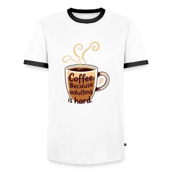 Funny Coffee Cozy Caffeine Humor Adulting - Men's Ringer Shirt - white/black - Front - AI Model Female 172 light (172cm) & AI Model Male 178 dark (178cm)