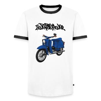 Hirondelle (bleu) // Illustration - T-shirt contrasté Homme - blanc/noir - Devant - AI Model Female 172 light (172cm) & AI Model Male 178 dark (178cm)