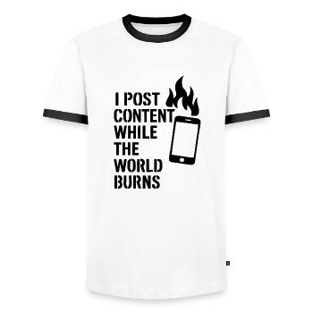 I post content and the world burns - Männer Kontrast-T-Shirt - Weiß/Schwarz - Vorne - AI Model Female 172 light (172cm) & AI Model Male 178 dark (178cm)