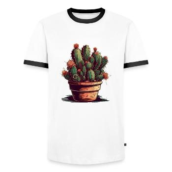 Petit cactus vert dans un pot de fleurs avec des fleurs - T-shirt contrasté Homme - blanc/noir - Devant - AI Model Female 172 light (172cm) & AI Model Male 178 dark (178cm)