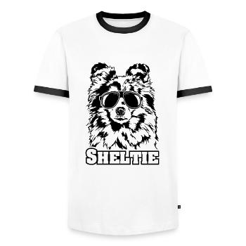 Lustiger SHELTIE cool Sonnenbrille Hunde Hund - Männer Kontrast-T-Shirt - Weiß/Schwarz - Vorne - AI Model Female 172 light (172cm) & AI Model Male 178 dark (178cm)