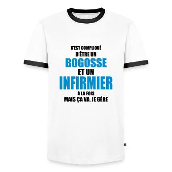 c'est compliqué d'être un bogosse et infirmier - T-shirt contrasté Homme - blanc/noir - Devant - AI Model Female 172 light (172cm) & AI Model Male 178 dark (178cm)