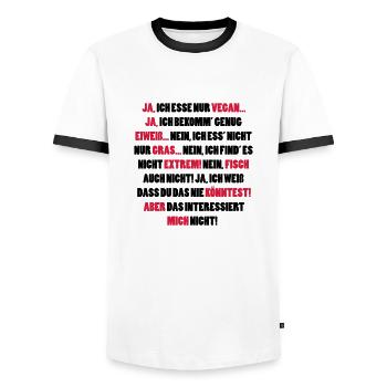Ja, ich esse nur Vegan - Veganer Sprüche - Männer Kontrast-T-Shirt - Weiß/Schwarz - Vorne - AI Model Female 172 light (172cm) & AI Model Male 178 dark (178cm)