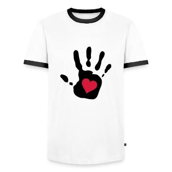 empreinte de la main coeur rouge - T-shirt contrasté Homme - blanc/noir - Devant - AI Model Female 172 light (172cm) & AI Model Male 178 dark (178cm)