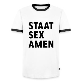 State Examination (State Sex Amen) - Men's Ringer Shirt - white/black - Front - AI Model Female 172 light (172cm) & AI Model Male 178 dark (178cm)