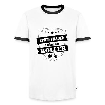 Echte Frauen fahren Roller - Männer Kontrast-T-Shirt - Weiß/Schwarz - Vorne - AI Model Female 172 light (172cm) & AI Model Male 178 dark (178cm)