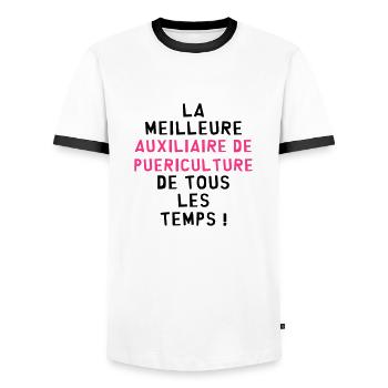 Auxiliaire de Puériculture / Enfant / Bébé / Baby - T-shirt contrasté Homme - blanc/noir - Devant - AI Model Female 172 light (172cm) & AI Model Male 178 dark (178cm)