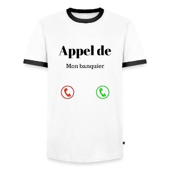 Call from my banker humor lol - Men's Ringer Shirt - white/black - Front - AI Model Female 172 light (172cm) & AI Model Male 178 dark (178cm)