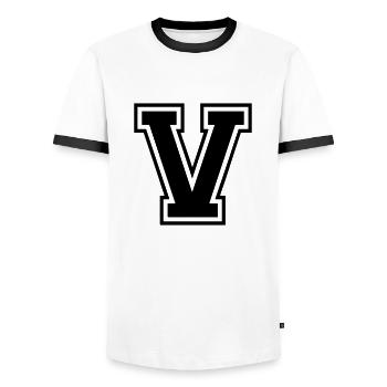 Letter V Football Team | Baseball| Universitätsbasketball - Männer Kontrast-T-Shirt - Weiß/Schwarz - Vorne - AI Model Female 172 light (172cm) & AI Model Male 178 dark (178cm)