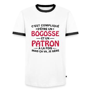 bogosse et patron à la fois / humour patron - T-shirt contrasté Homme - blanc/noir - Devant - AI Model Female 172 light (172cm) & AI Model Male 178 dark (178cm)