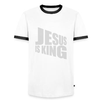 Citation de Jésus est roi - T-shirt contrasté Homme - blanc/noir - Devant - AI Model Female 172 light (172cm) & AI Model Male 178 dark (178cm)