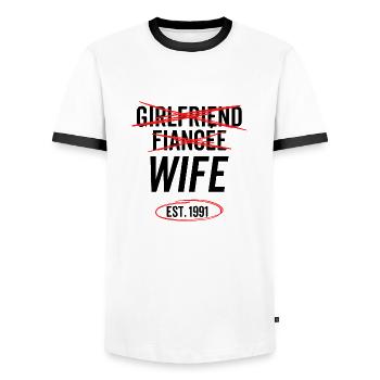 Girlfriend Fiancée Wife Est 1991 - Men's Ringer Shirt - white/black - Front - AI Model Female 172 light (172cm) & AI Model Male 178 dark (178cm)