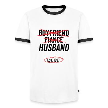 Boyfriend Fiancé Husband Est 1997 - Men's Ringer Shirt - white/black - Front - AI Model Female 172 light (172cm) & AI Model Male 178 dark (178cm)