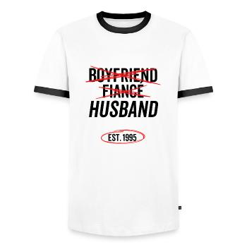 Boyfriend Fiancé Husband Est 1995 - Men's Ringer Shirt - white/black - Front - AI Model Female 172 light (172cm) & AI Model Male 178 dark (178cm)